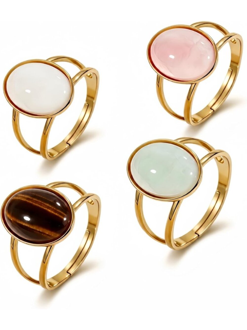 4Pcs Adjustable Oval Stone Geometric Rings for Women - 14K Gold Plated Boho
